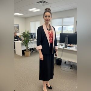 Leslie Fay Black Pinstripe Pink Detail Long Sleeve Open Front Midi Skirt Suit 16